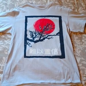 Japanese sakura bloom influence with red sun in the background t-shirt